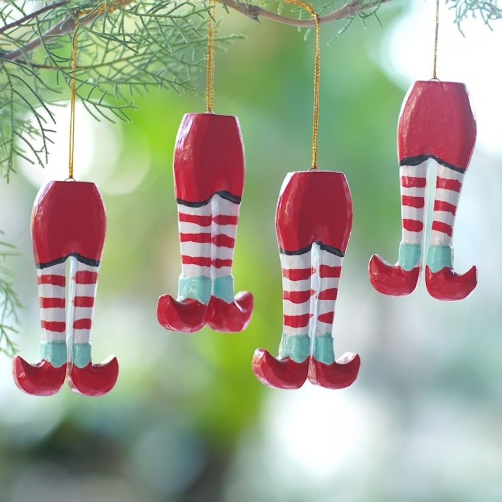 Set of 4 Hand-Painted Wood Elf Themed Ornaments from Bali 'Christmas Elves'