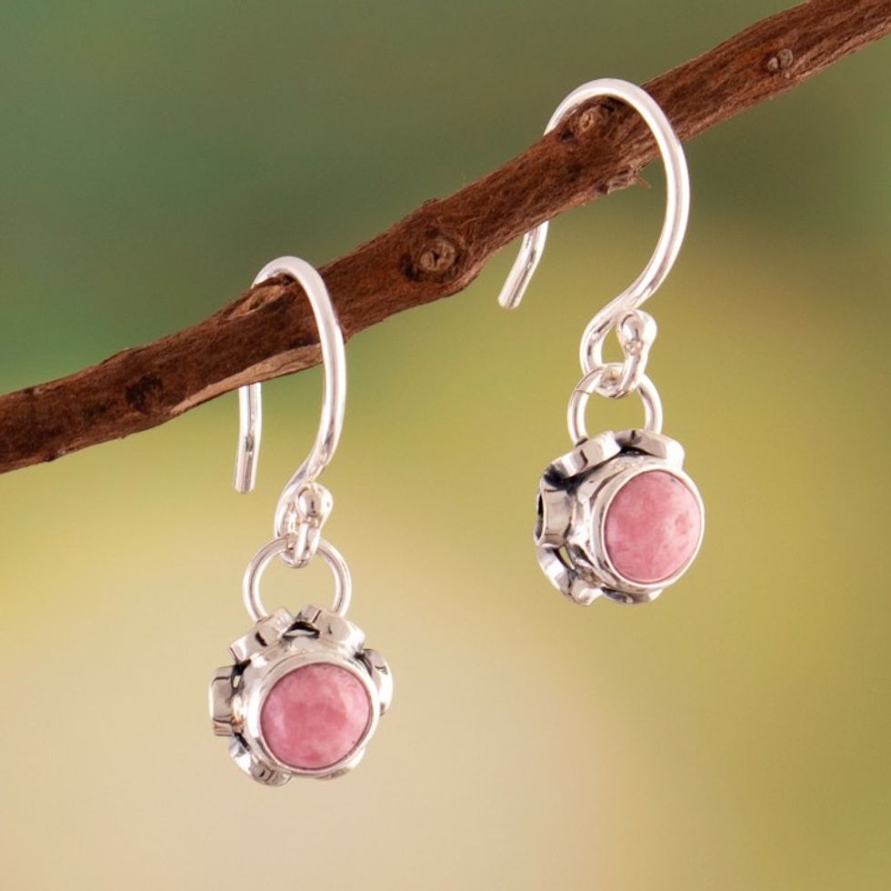 Floral Sterling Silver Dangle Earrings with Pink Rhodonite 'Compassion Blossom'