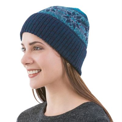 Alternate image for 100 Alpaca Knit Hat in Teal and Seafoam from Peru Andean Snow