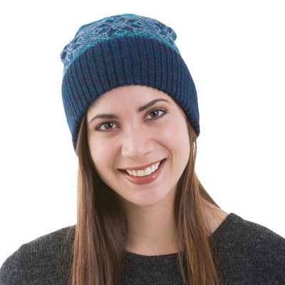 Alternate image for 100 Alpaca Knit Hat in Teal and Seafoam from Peru Andean Snow