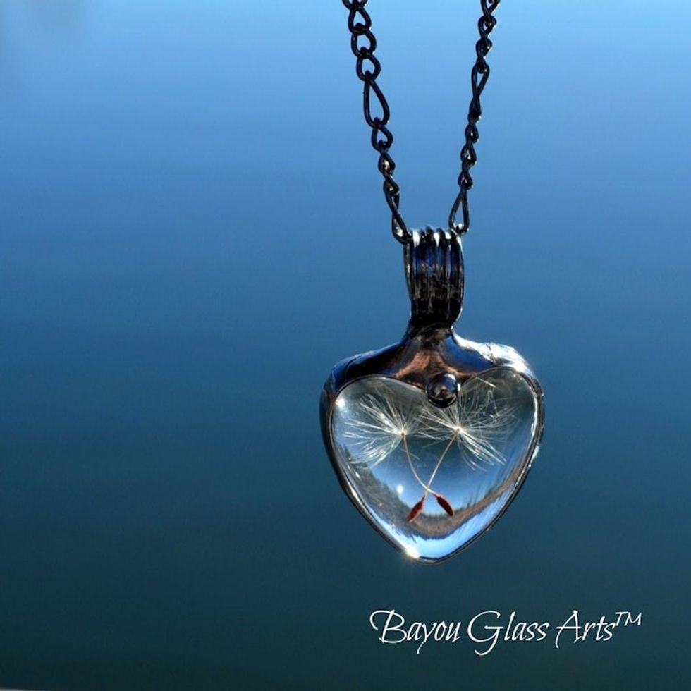 Dandelion Seed Heart Pendant Necklace for Women, Stained Glass Terrarium Jewelry