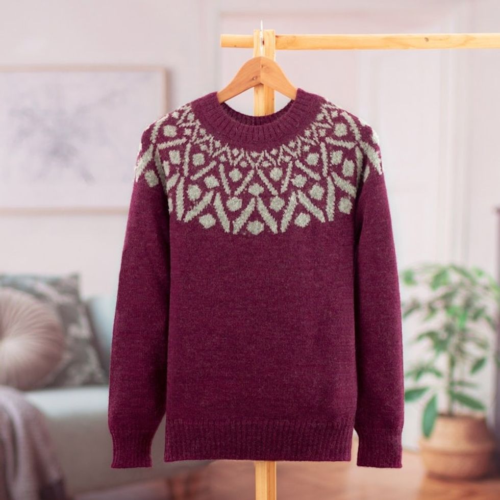 Geometric Burgundy and Grey 100 Alpaca Pullover Sweater 'Burgundy Geometry'