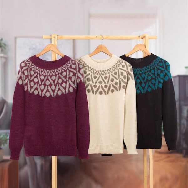 Alternate image for Geometric Burgundy and Grey 100 Alpaca Pullover Sweater Burgundy Geometry