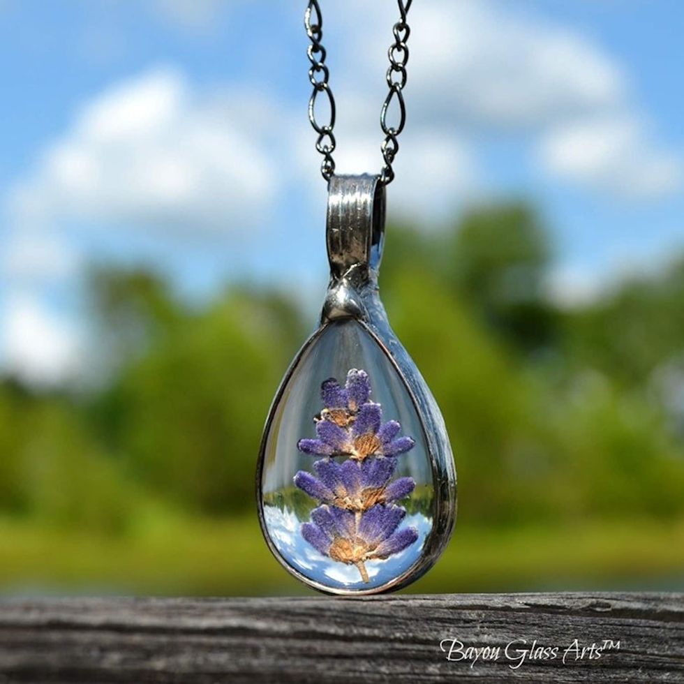 Teardrop Lavender Flower Glass Pendant Necklace