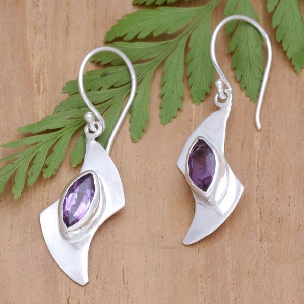 Alternate image for Sterling Silver Dangle Earrings with Faceted Amethyst Stones Purple Boomerang