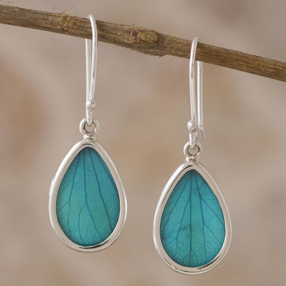 Aqua Hydrangea Leaf Sterling Silver Teardrop Dangle Earrings 'Petal Essence in Aqua'
