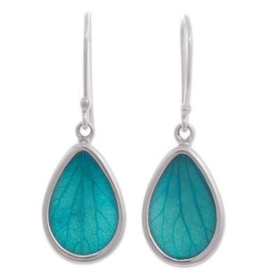 Alternate image for Aqua Hydrangea Leaf Sterling Silver Teardrop Dangle Earrings Petal Essence in Aqua