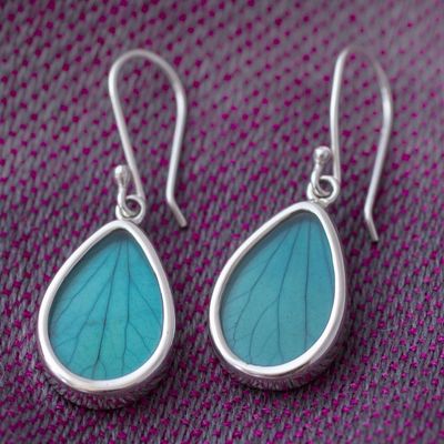 Alternate image for Aqua Hydrangea Leaf Sterling Silver Teardrop Dangle Earrings Petal Essence in Aqua