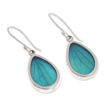 Alternate image for Aqua Hydrangea Leaf Sterling Silver Teardrop Dangle Earrings Petal Essence in Aqua