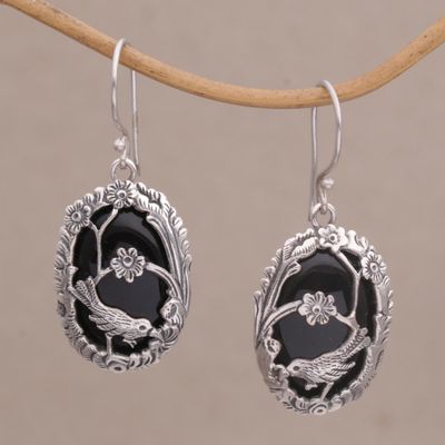 Alternate image for Onyx and 925 Silver Bird-Themed Dangle Earrings from Bali Avian Curiosity