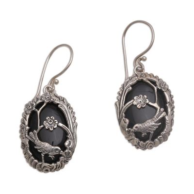 Alternate image for Onyx and 925 Silver Bird-Themed Dangle Earrings from Bali Avian Curiosity