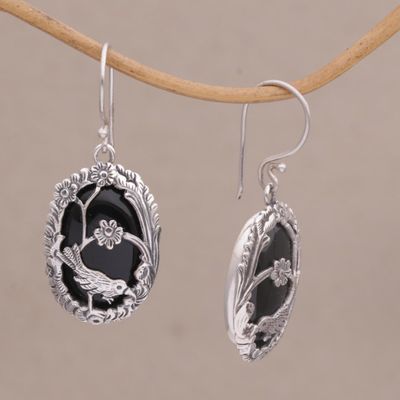Alternate image for Onyx and 925 Silver Bird-Themed Dangle Earrings from Bali Avian Curiosity