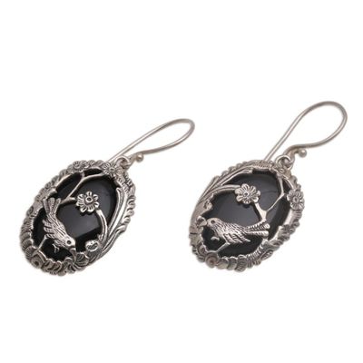 Alternate image for Onyx and 925 Silver Bird-Themed Dangle Earrings from Bali Avian Curiosity