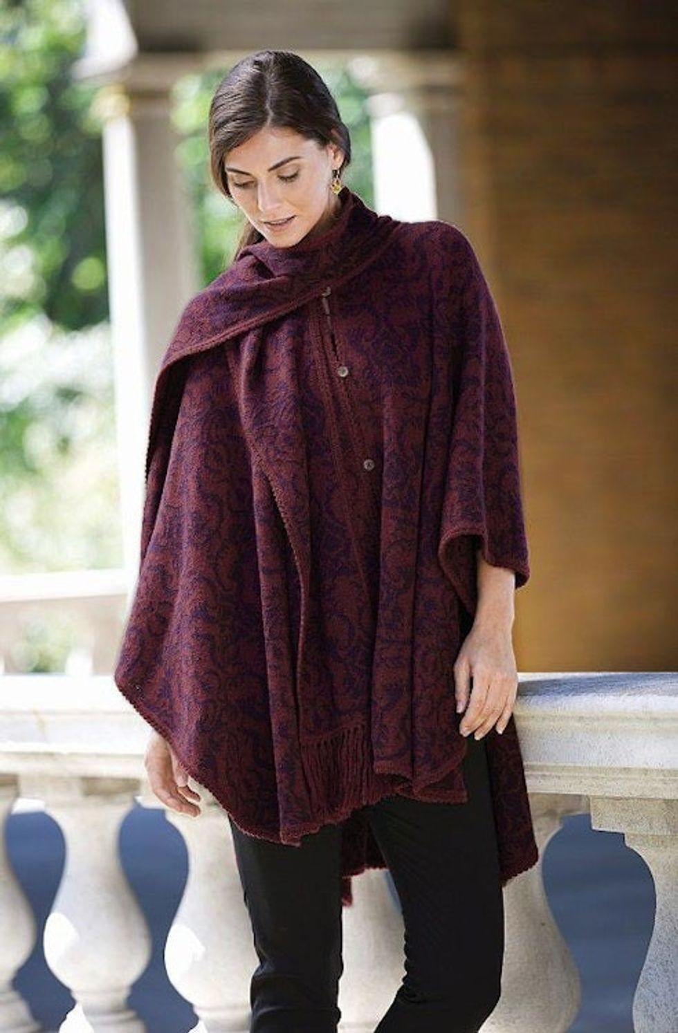 Alpaca Blend Wine and Purple Ruana with Scarf 'Peruvian Wildflower in Red'