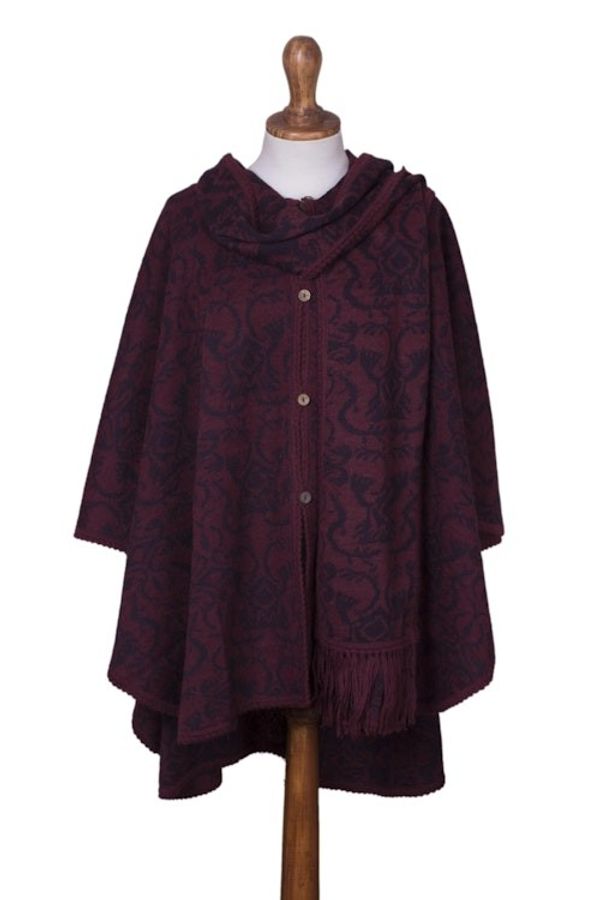 Alternate image for Alpaca Blend Wine and Purple Ruana with Scarf Peruvian Wildflower in Red