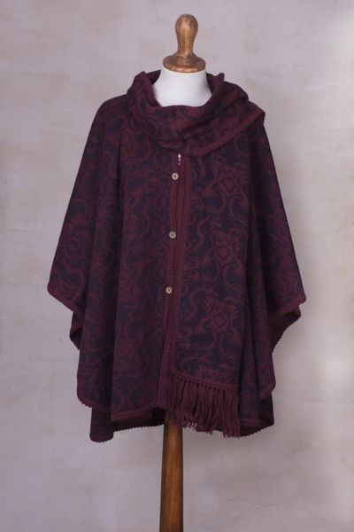 Alternate image for Alpaca Blend Wine and Purple Ruana with Scarf Peruvian Wildflower in Red