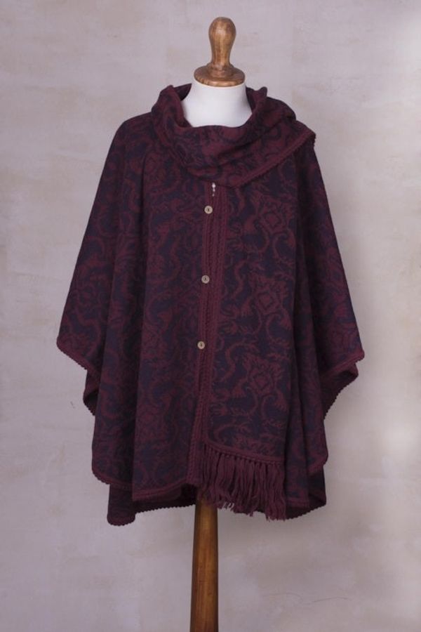 Alternate image for Alpaca Blend Wine and Purple Ruana with Scarf Peruvian Wildflower in Red