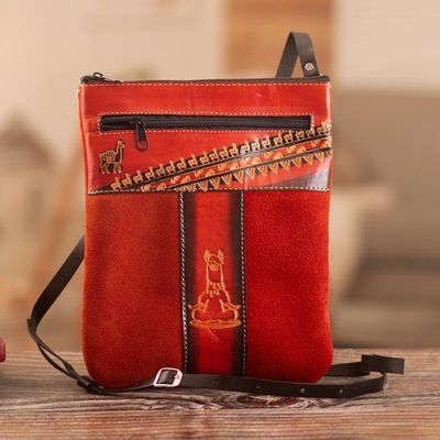 Alternate image for Leather Accented Suede Sling with Llama Motifs and Warm Hues Fire Llama