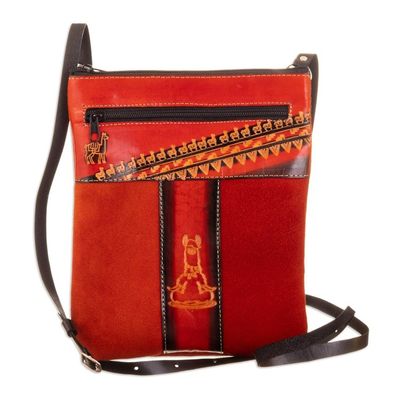 Alternate image for Leather Accented Suede Sling with Llama Motifs and Warm Hues Fire Llama
