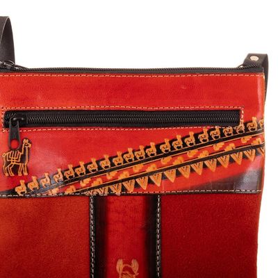 Alternate image for Leather Accented Suede Sling with Llama Motifs and Warm Hues Fire Llama
