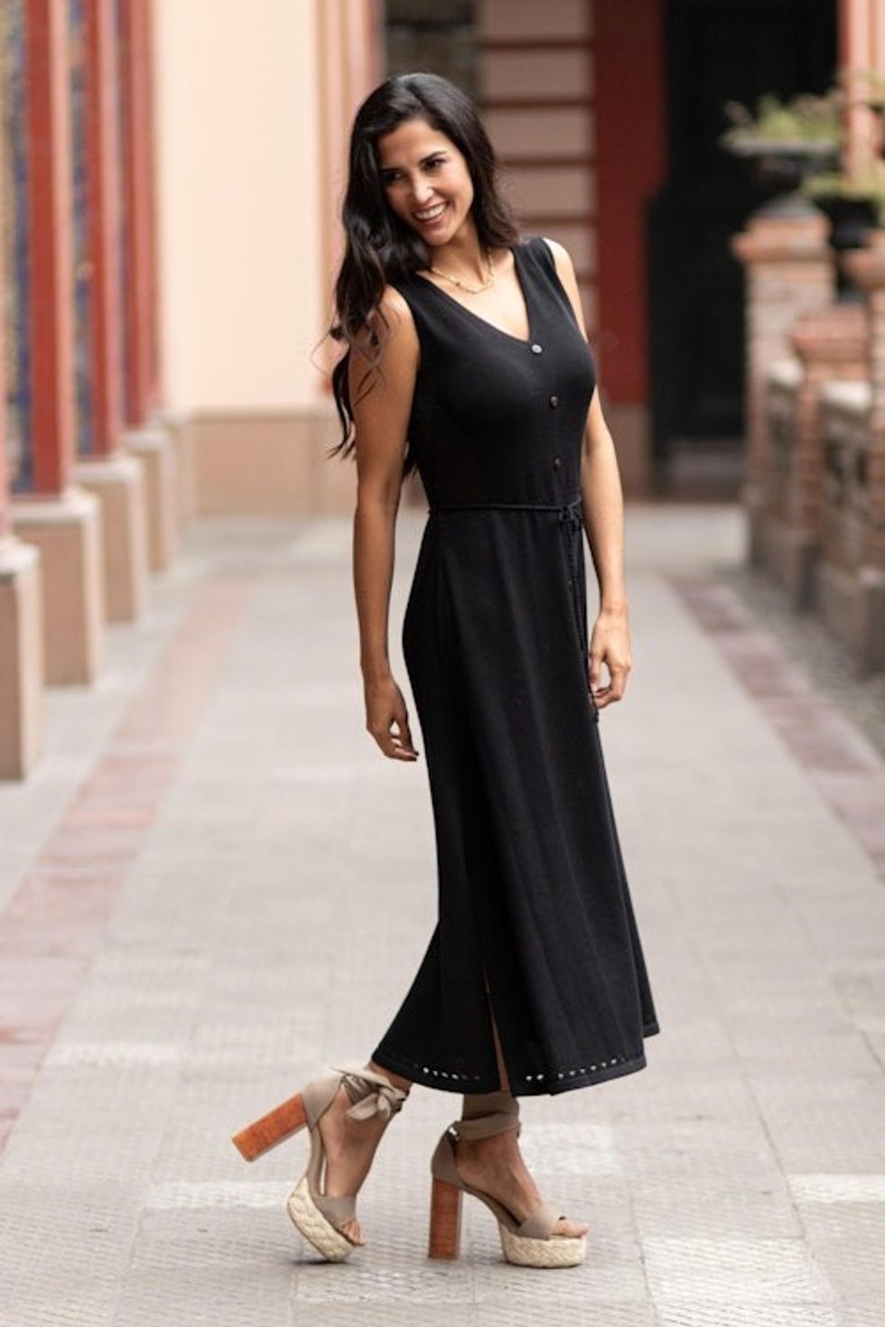 Organic Cotton Buttoned Maxi Dress in Black from Peru 'Toqo in Black'