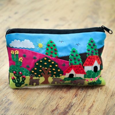 Alternate image for Cotton Applique Folk Art Cosmetic Bag Country Scene