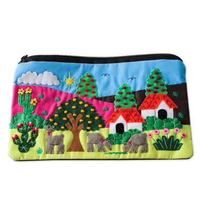 Alternate image for Cotton Applique Folk Art Cosmetic Bag Country Scene