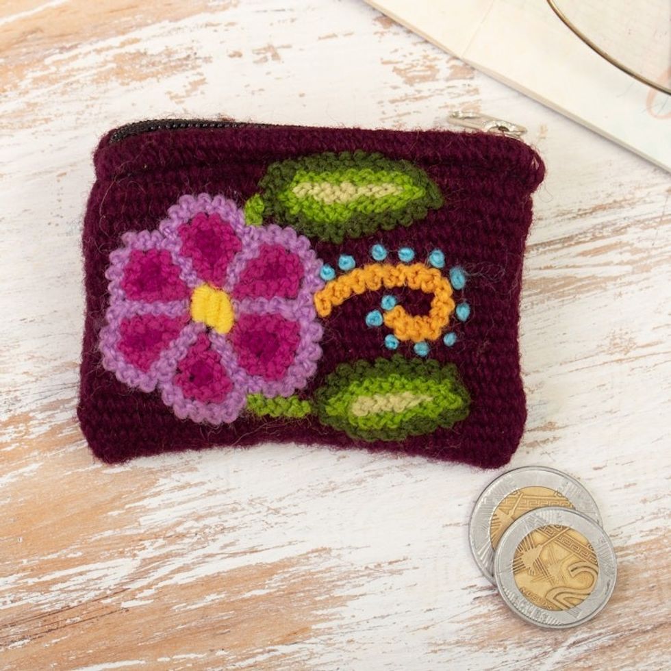 Handloomed Flower-Themed Wool Coin Purse from Peru 'Carmine Petals'