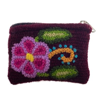 Alternate image for Handloomed Flower-Themed Wool Coin Purse from Peru Carmine Petals