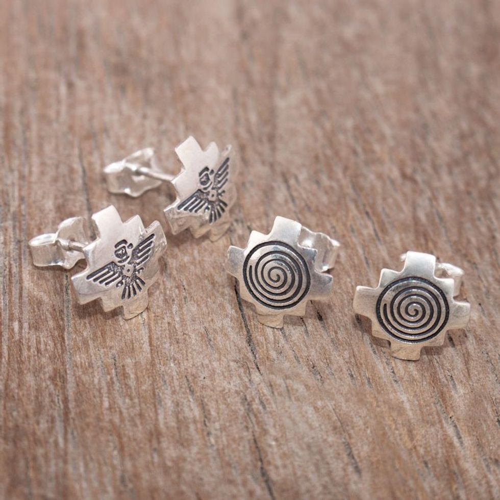 950 Silver Andean Stud Earrings 2 Pairs 'Andean Cosmovision'