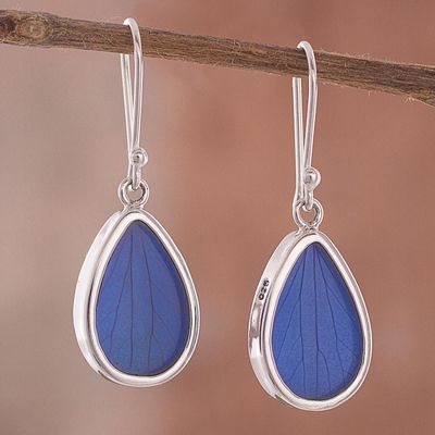 Alternate image for Blue Hydrangea Leaf Sterling Silver Teardrop Dangle Earrings Petal Essence in Blue