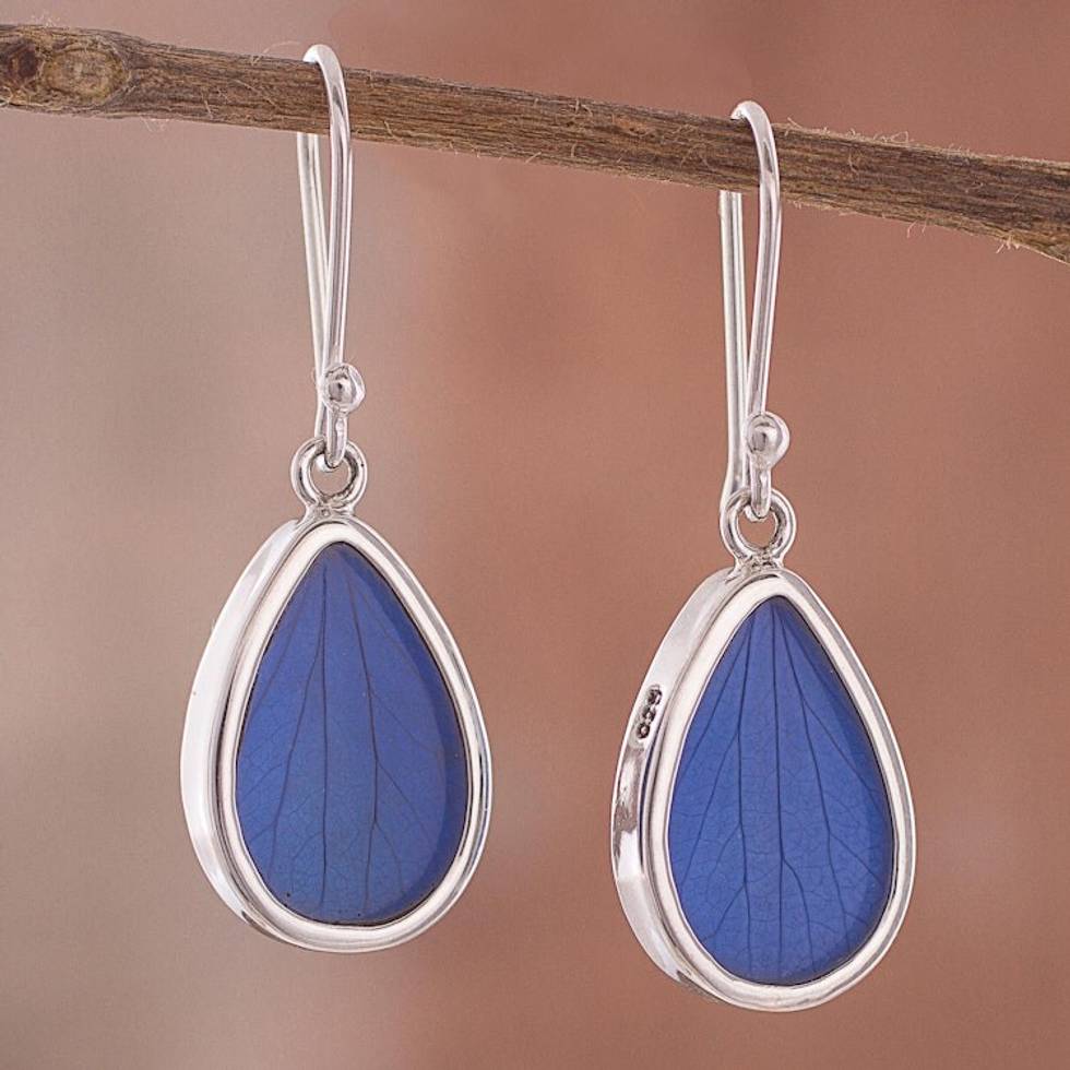 Blue Hydrangea Leaf Sterling Silver Teardrop Dangle Earrings 'Petal Essence in Blue'