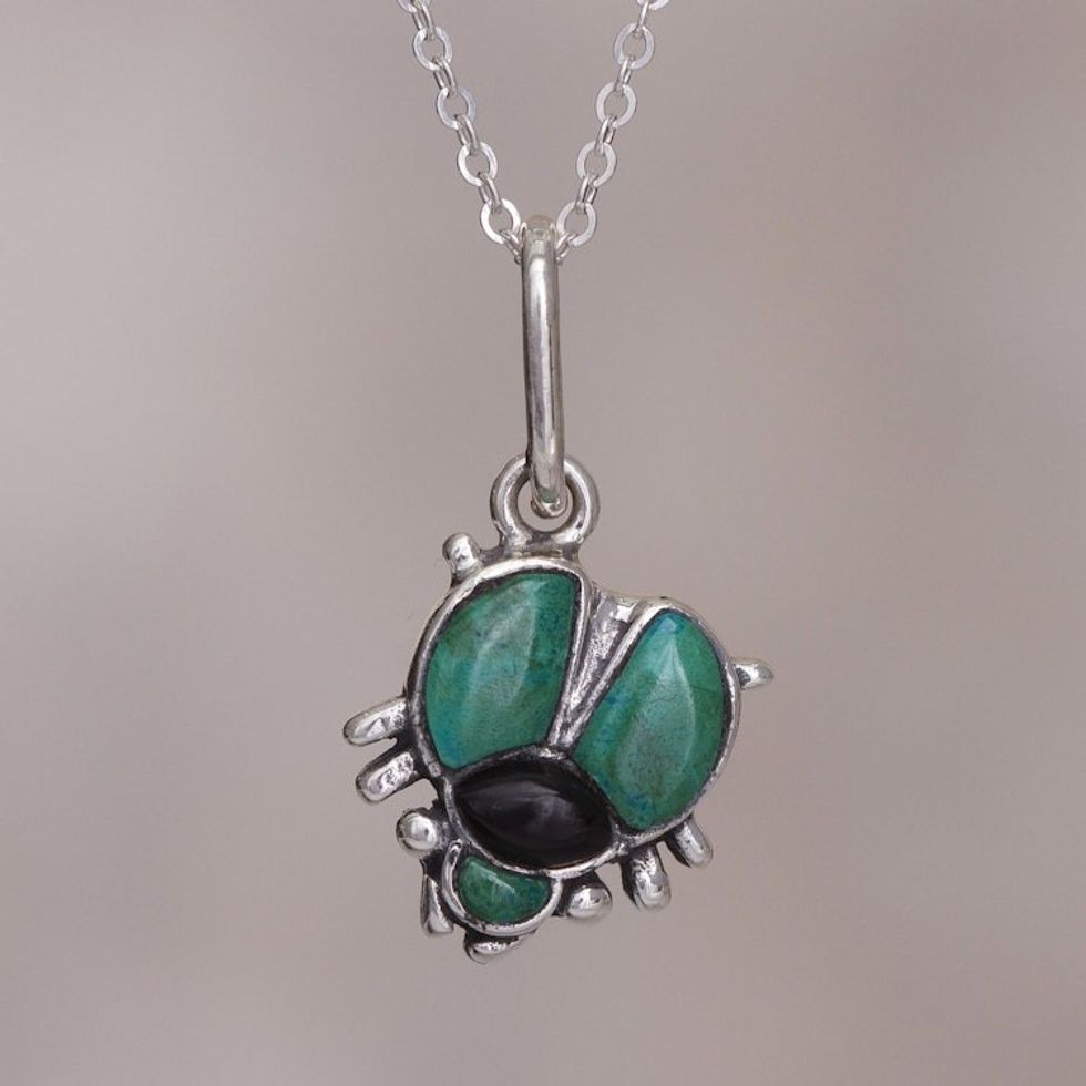 Chrysocolla and obsidian pendant necklace 'Silver Scarab'
