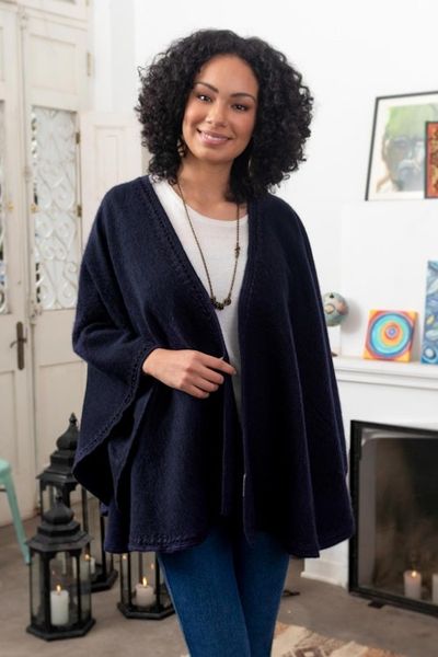 Alternate image for Alpaca Blend Ruana in Solid Midnight from Peru Warm Woman in Midnight