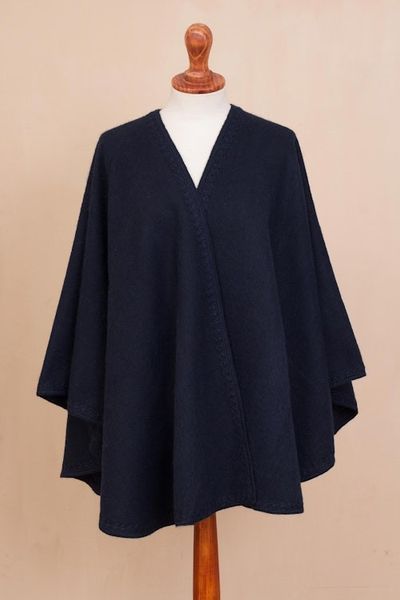 Alternate image for Alpaca Blend Ruana in Solid Midnight from Peru Warm Woman in Midnight