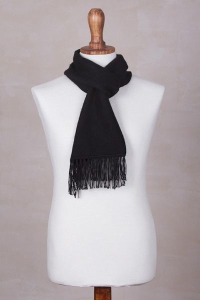 Alternate image for Woven Alpaca Blend Scarf for Men in Solid Black Ebony Gift of Warmth