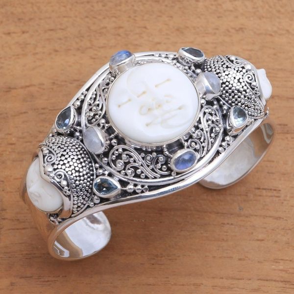 Alternate image for Rainbow Moonstone and Blue Topaz Cuff Bracelet from Bali Keeper of the Moon