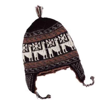 Alternate image for Alpaca Blend Chullo Hat with Llama Patterns in Black Hues Llama Silhouette in Black