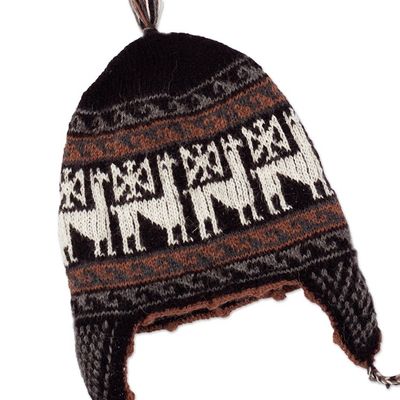 Alternate image for Alpaca Blend Chullo Hat with Llama Patterns in Black Hues Llama Silhouette in Black