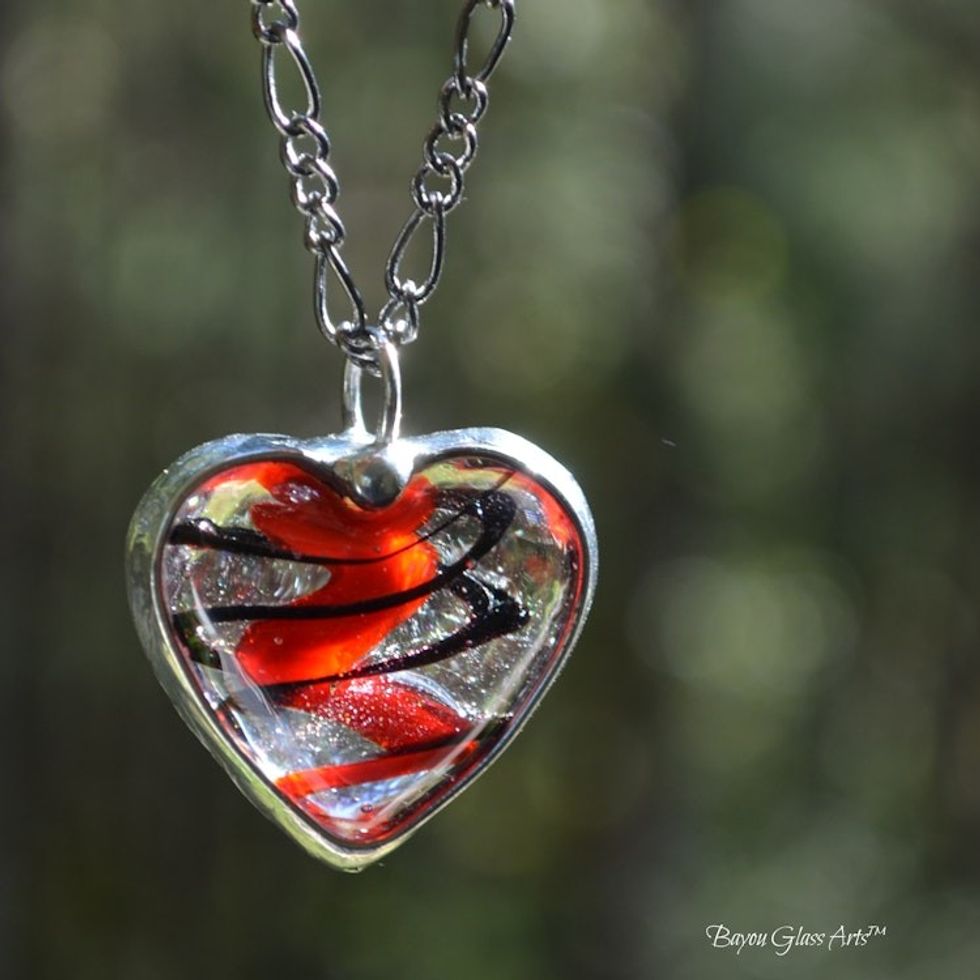 Swirled Fused Glass Heart Necklace, Red and Black Heart Pendant