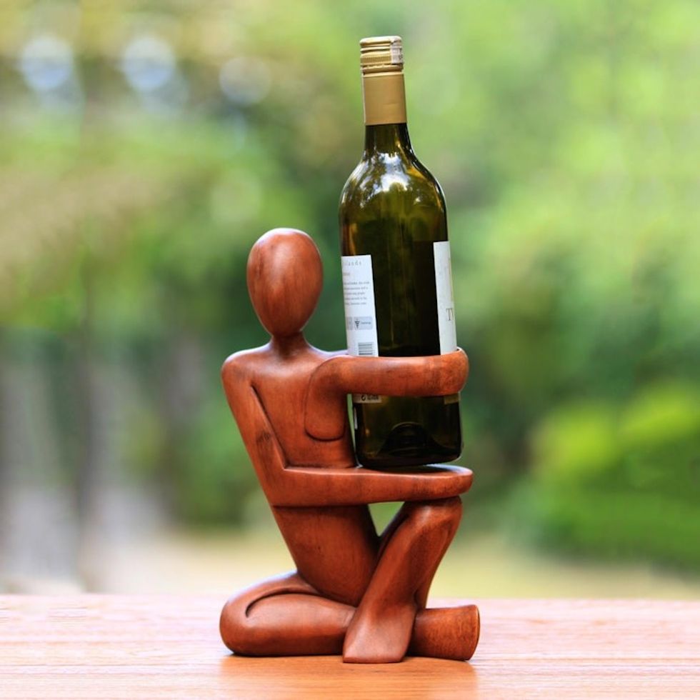 Hand Carved Wood Wine Bottle Holder 'The Invitation'