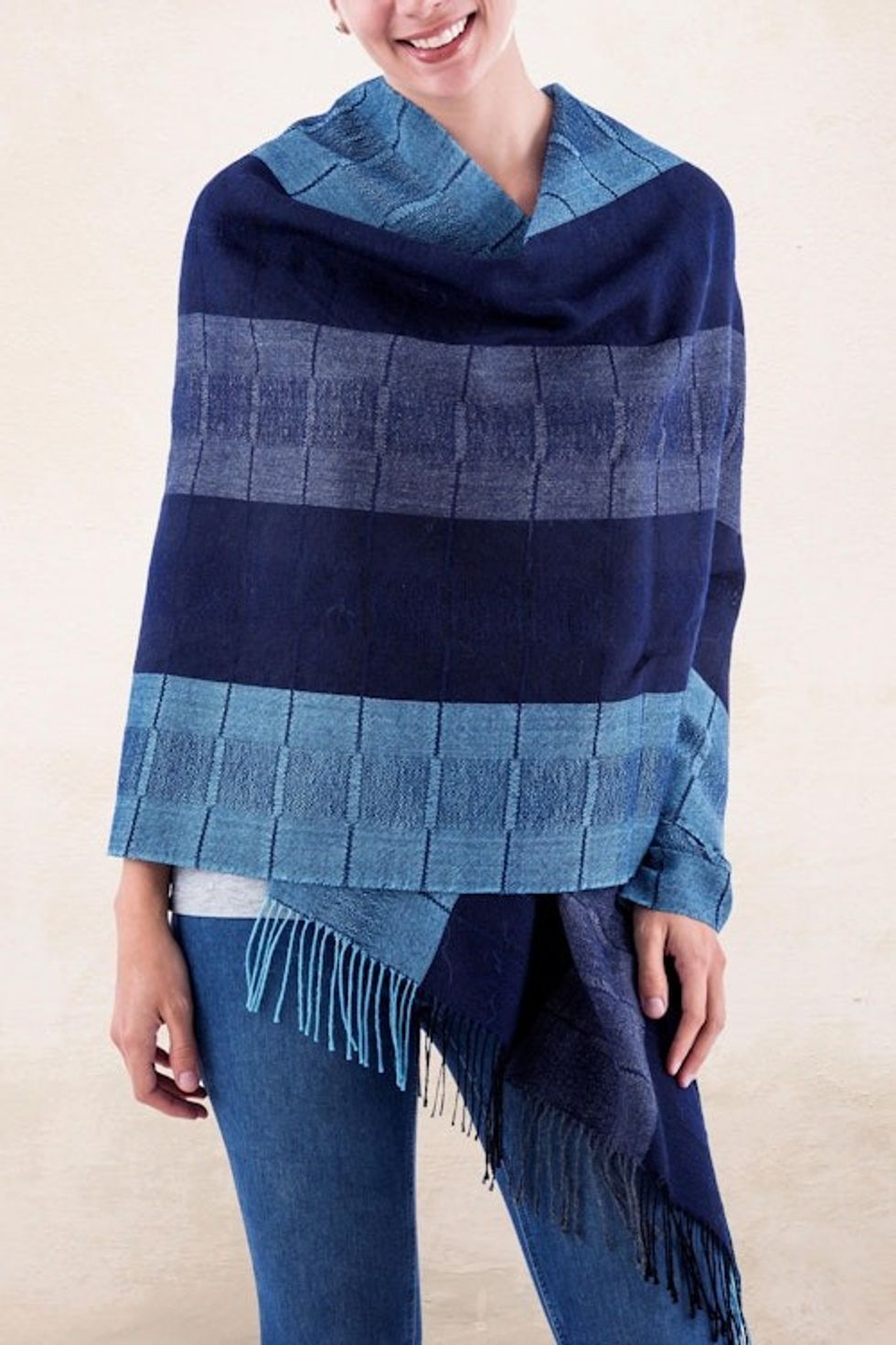 Alpaca Wool Patterned Shawl 'Huancayo Blues'