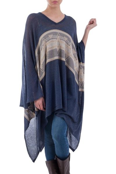 Alternate image for Woven Navy Blue Patterned Poncho from Peru Blue Inca