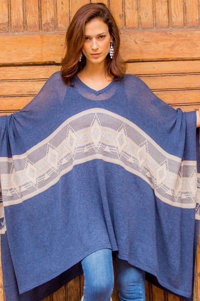Alternate image for Woven Navy Blue Patterned Poncho from Peru Blue Inca