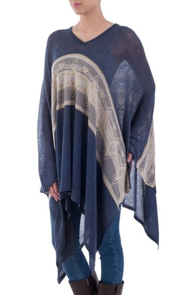 Alternate image for Woven Navy Blue Patterned Poncho from Peru Blue Inca