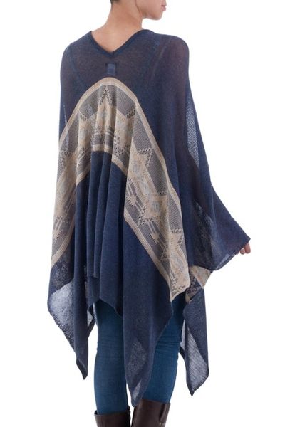 Alternate image for Woven Navy Blue Patterned Poncho from Peru Blue Inca