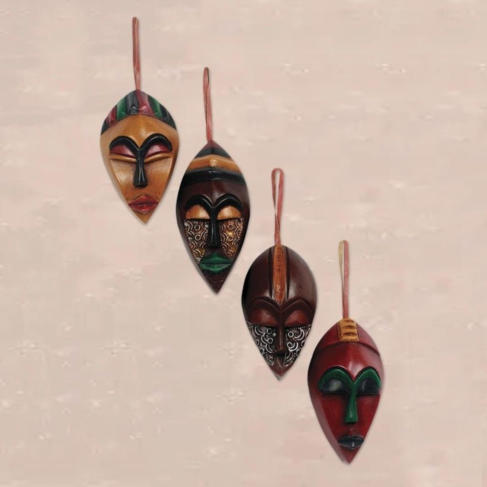 African Wood Christmas Ornaments Set of 4 'Celebration Masks'