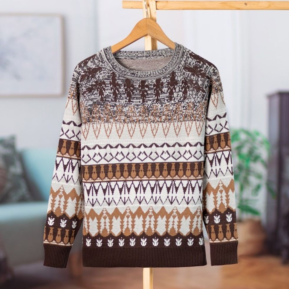 Geometric Brown Acrylic and Baby Alpaca Blend Pullover 'Chocolate Peaks'