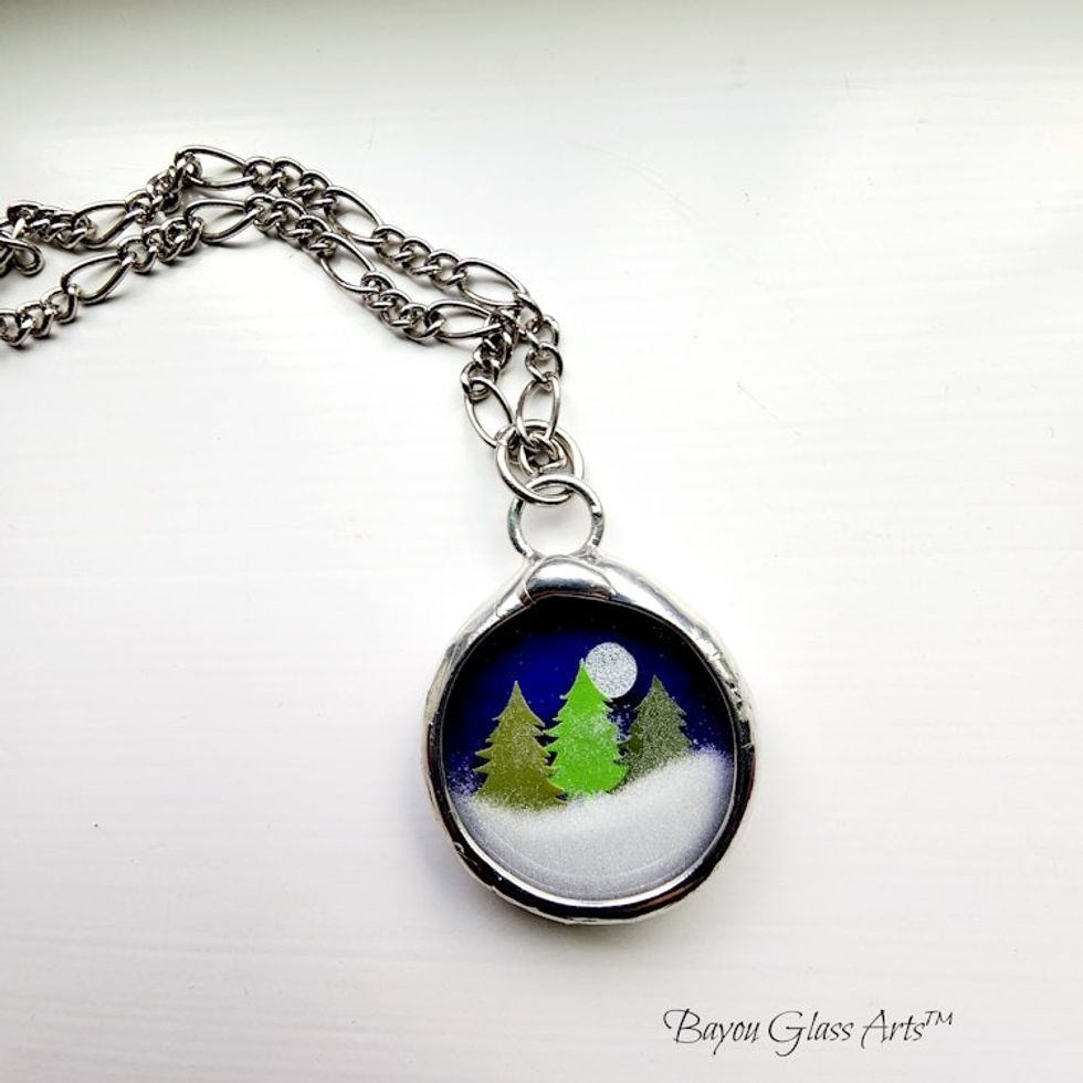 Winter Forest Snow Globe Glass Pendant, Fidget Shaker Necklace