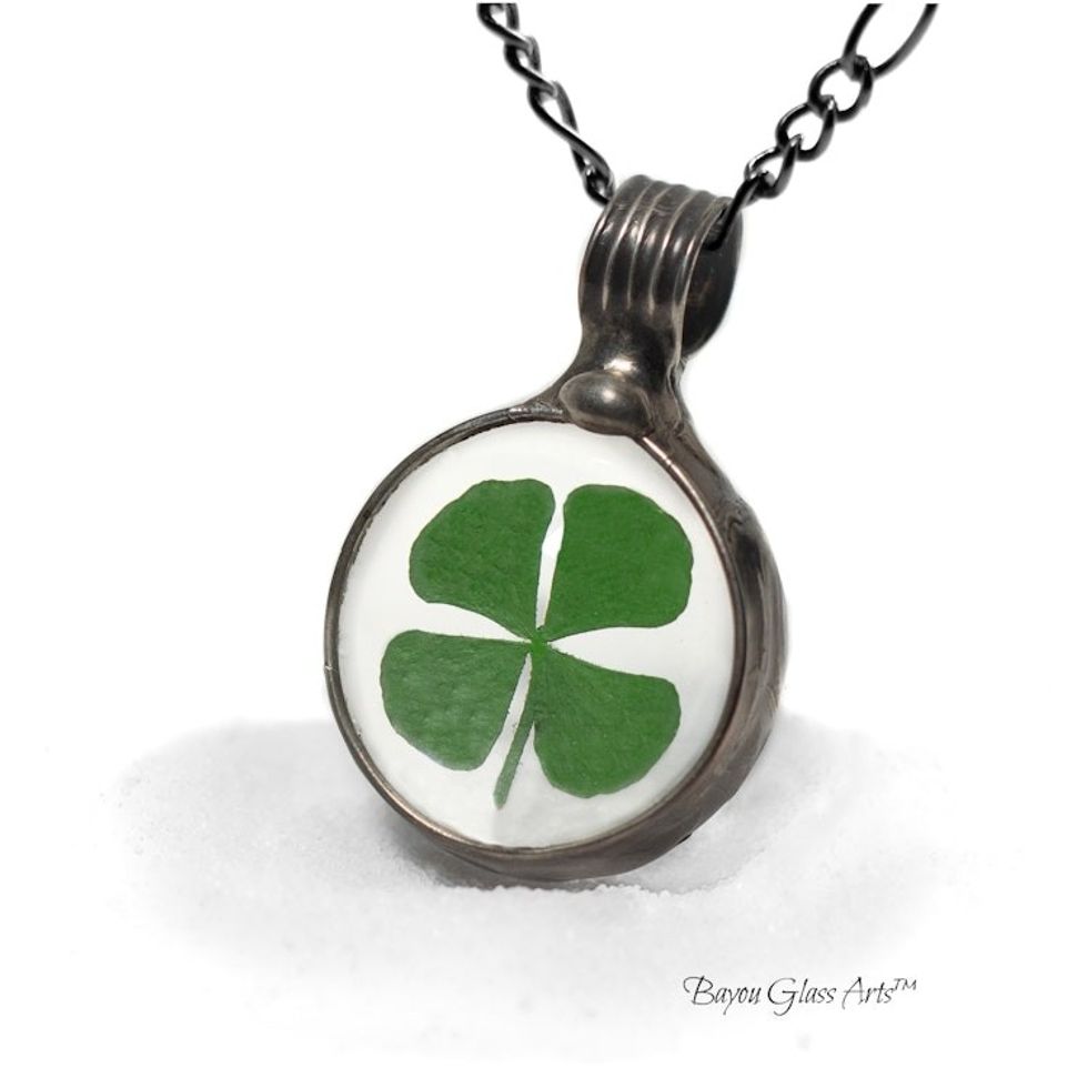 Four-Leaf Clover Necklace, Stained Glass Pendant, Good Luck Charm